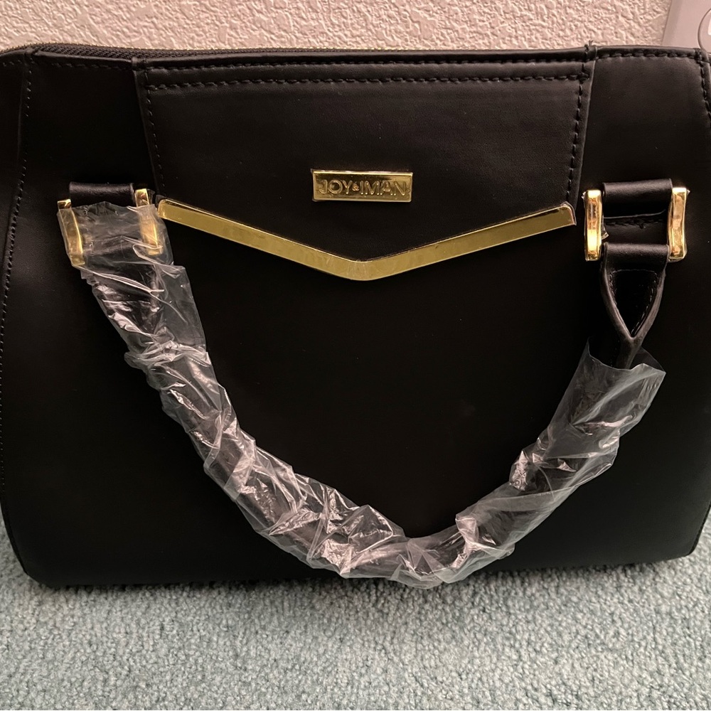 New Joy & Iman Black Gold Leather Satchel Handbag With Matching Crossbody Bag